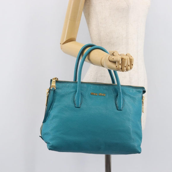 Miu Miu Tote Bag Leather Light Blue Gold Auth hk4202