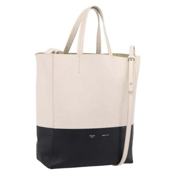CELINE Vertical Cabas Small Hand Bag Leather 2way White Silver Auth hk4204