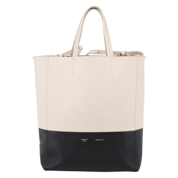 CELINE Vertical Cabas Small Hand Bag Leather 2way White Silver Auth hk4204