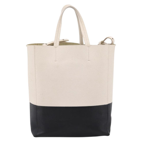 CELINE Vertical Cabas Small Hand Bag Leather 2way White Silver Auth hk4204
