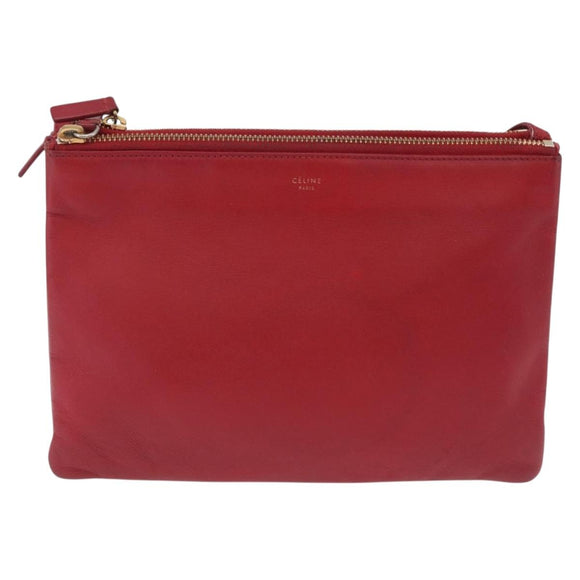 CELINE Trio Shoulder Bag Leather Red Gold Auth hk4207