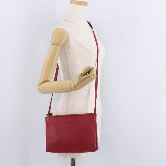 CELINE Trio Shoulder Bag Leather Red Gold Auth hk4207