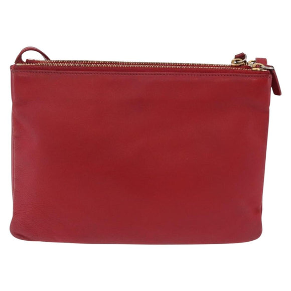 CELINE Trio Shoulder Bag Leather Red Gold Auth hk4207
