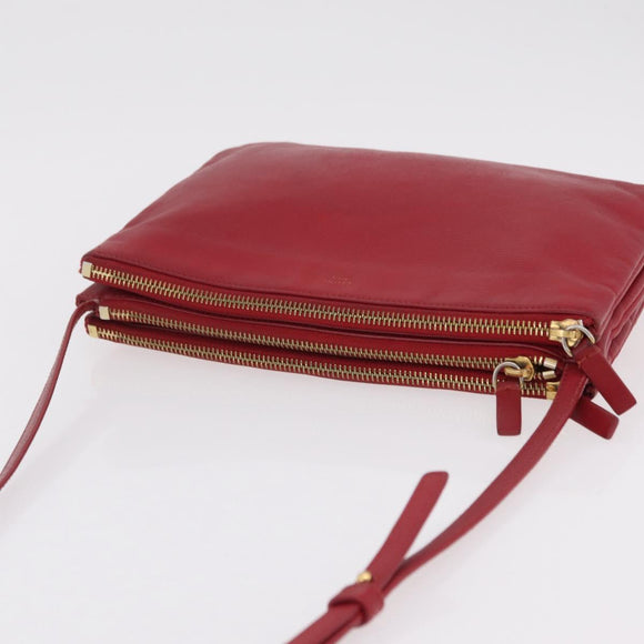 CELINE Trio Shoulder Bag Leather Red Gold Auth hk4207