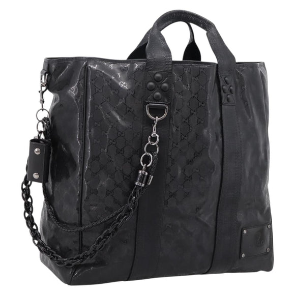 GUCCI GG Implementation Hand Bag PVC Leather Black Silver Auth hk4211A