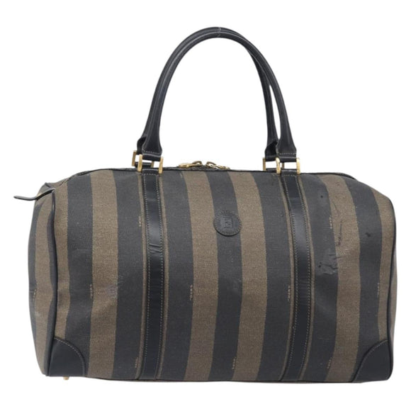 FENDI Pecan Canvas Boston Bag PVC Black Brown Auth hk4221