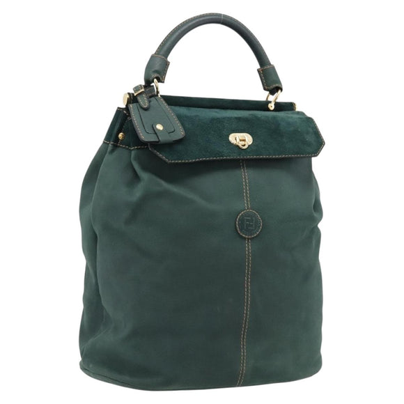 FENDI Hand Bag Suede Leather Green Gold Auth hk4223