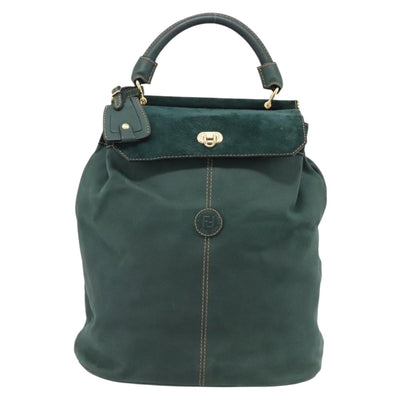 FENDI Hand Bag Suede Leather Green Gold Auth hk4223 - 0