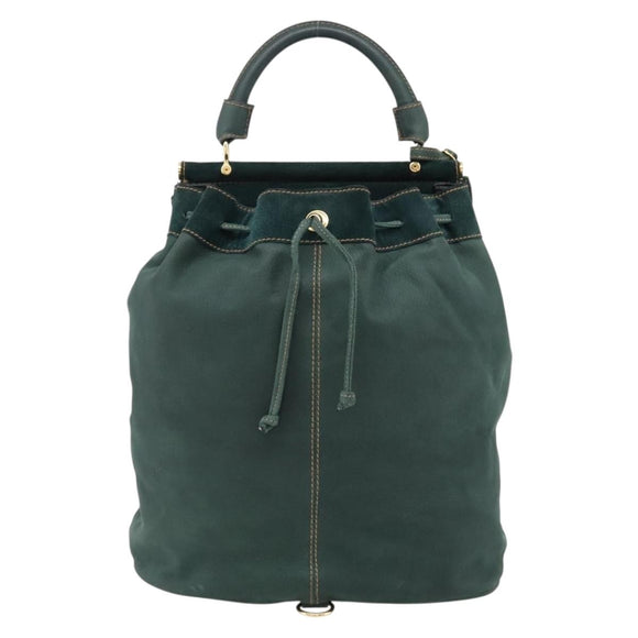 FENDI Hand Bag Suede Leather Green Gold Auth hk4223