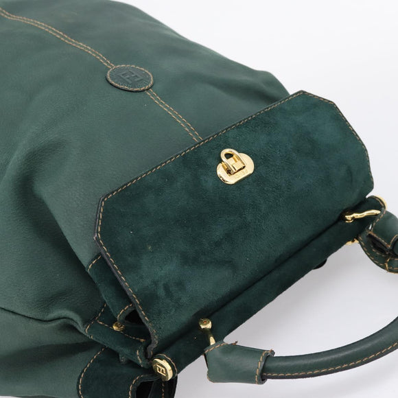 FENDI Hand Bag Suede Leather Green Gold Auth hk4223