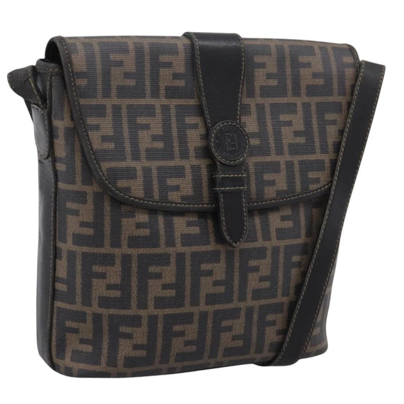 FENDI Zucca Canvas Shoulder Bag PVC Brown Black Auth hk4225