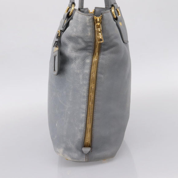 PRADA Tote Bag Leather Light Blue Gold Auth hk4228