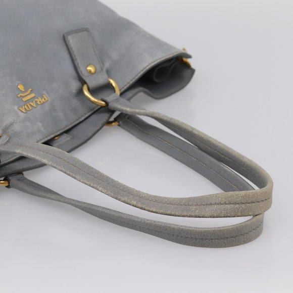 PRADA Tote Bag Leather Light Blue Gold Auth hk4228