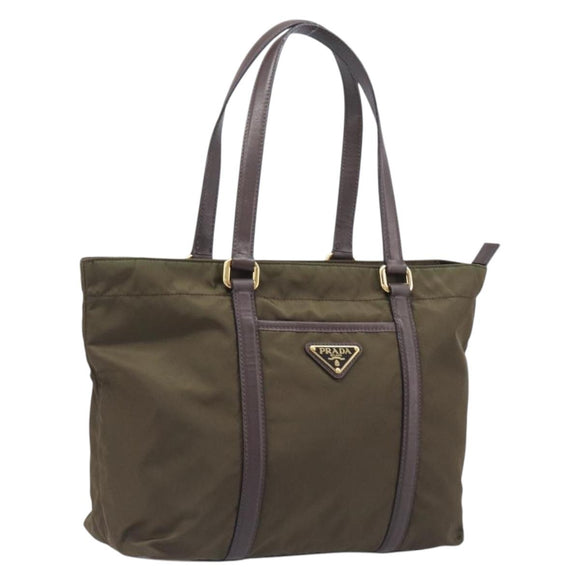 PRADA Tote Bag Nylon Green Gold Auth hk4229