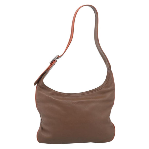 LOEWE Shoulder Bag Leather Brown Silver Auth hk4237A