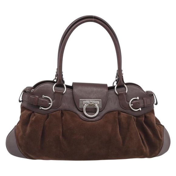 Salvatore Ferragamo Gancini Tote Bag Suede Leather Brown Silver Auth hk4238A