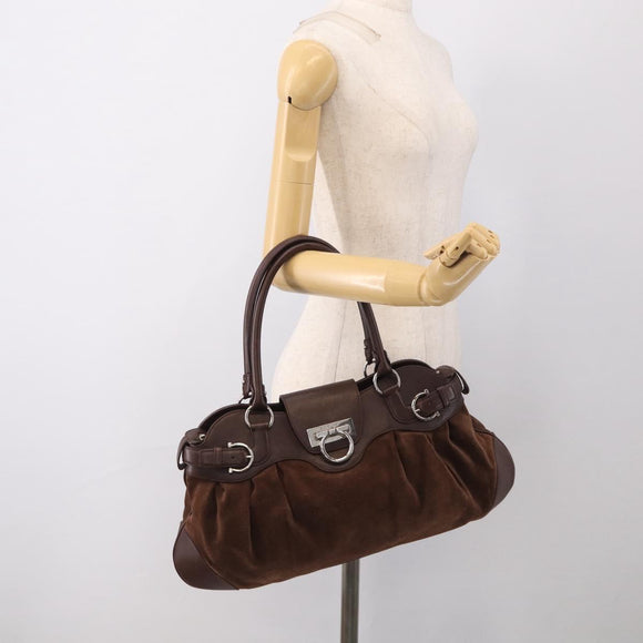 Salvatore Ferragamo Gancini Tote Bag Suede Leather Brown Silver Auth hk4238A