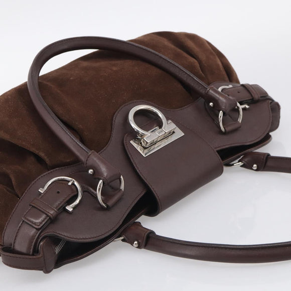 Salvatore Ferragamo Gancini Tote Bag Suede Leather Brown Silver Auth hk4238A