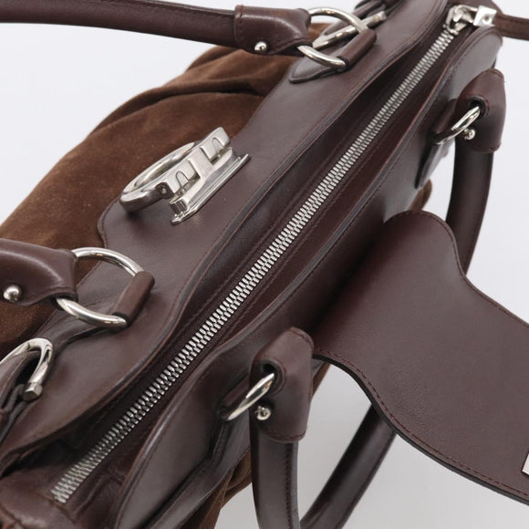 Salvatore Ferragamo Gancini Tote Bag Suede Leather Brown Silver Auth hk4238A