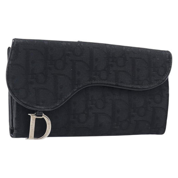 Christian Dior Trotter Canvas Saddle Long Wallet Black Silver Auth hk4241