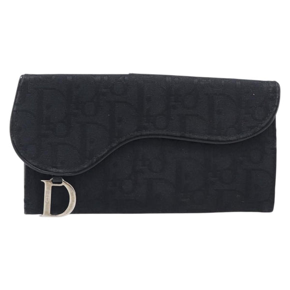 Christian Dior Trotter Canvas Saddle Long Wallet Black Silver Auth hk4241