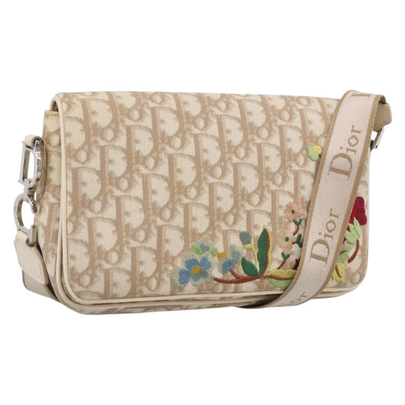 Christian Dior Trotter Canvas Shoulder Bag PVC Beige Silver Auth hk4243A