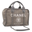CHANEL Deauville Line Bowling Bag Canvas 2way Gray Silver CC Auth hk4245-1