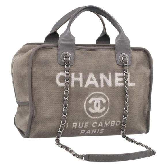 CHANEL Deauville Line Bowling Bag Canvas 2way Gray Silver CC Auth hk4245