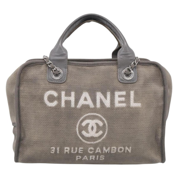 CHANEL Deauville Line Bowling Bag Canvas 2way Gray Silver CC Auth hk4245