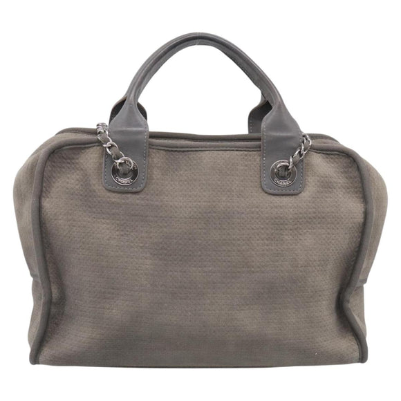 CHANEL Deauville Line Bowling Bag Canvas 2way Gray Silver CC Auth hk4245