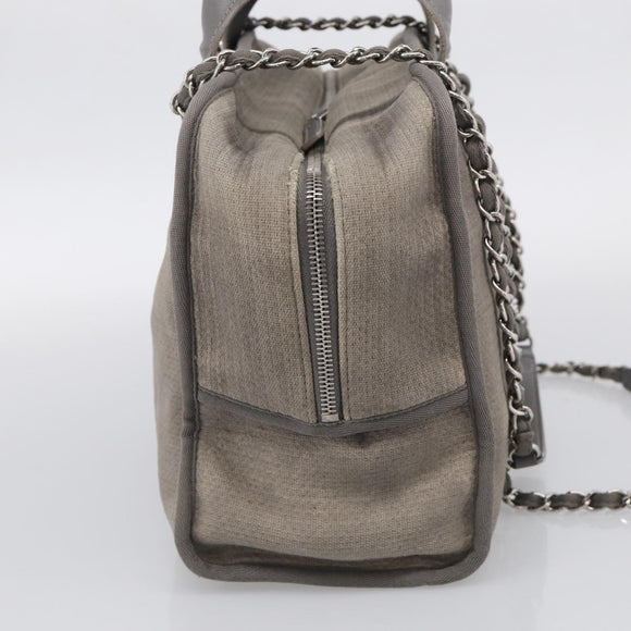 CHANEL Deauville Line Bowling Bag Canvas 2way Gray Silver CC Auth hk4245
