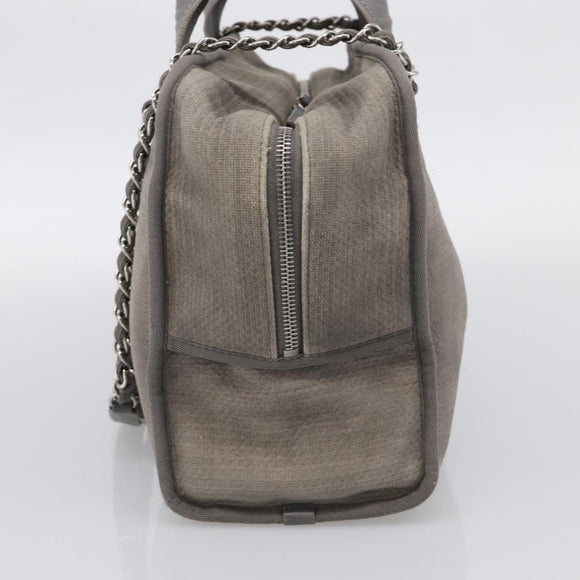 CHANEL Deauville Line Bowling Bag Canvas 2way Gray Silver CC Auth hk4245