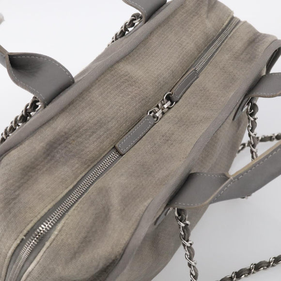 CHANEL Deauville Line Bowling Bag Canvas 2way Gray Silver CC Auth hk4245