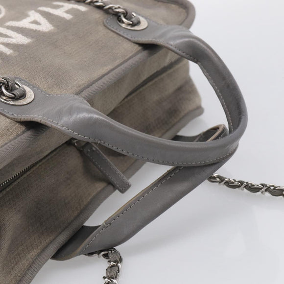 CHANEL Deauville Line Bowling Bag Canvas 2way Gray Silver CC Auth hk4245