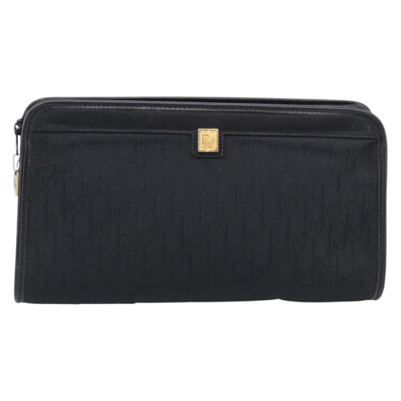 Christian Dior Trotter Canvas Clutch Bag Black Gold Auth hk4246A