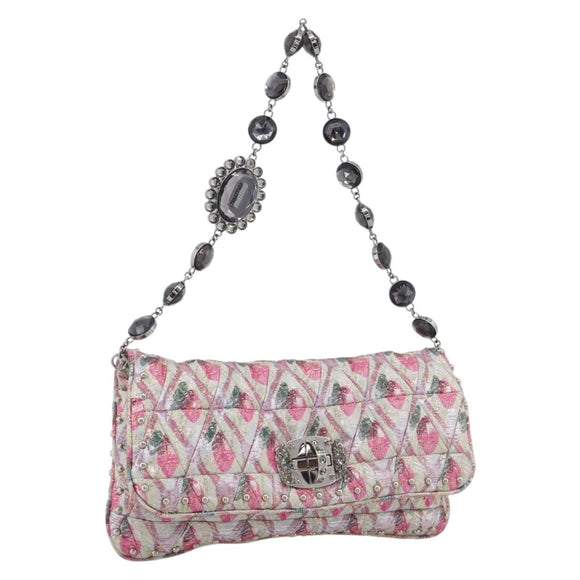 Miu Miu Crystal Chain Shoulder Bag Jacquard Pink Silver Auth hk4247A