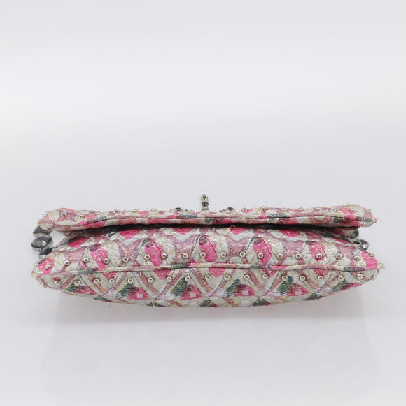 Miu Miu Crystal Chain Shoulder Bag Jacquard Pink Silver Auth hk4247A