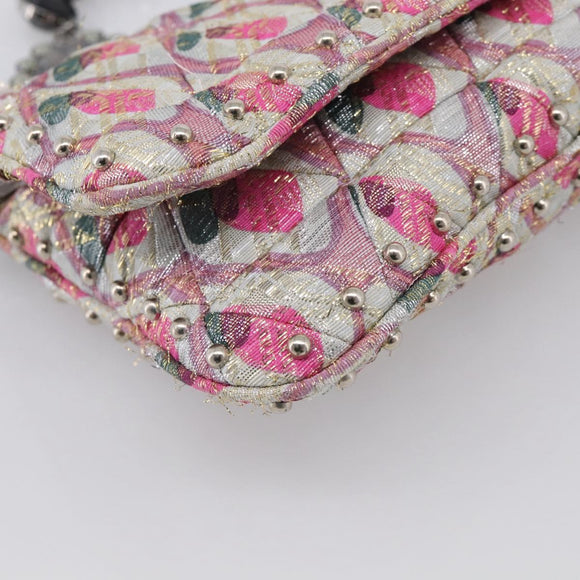 Miu Miu Crystal Chain Shoulder Bag Jacquard Pink Silver Auth hk4247A