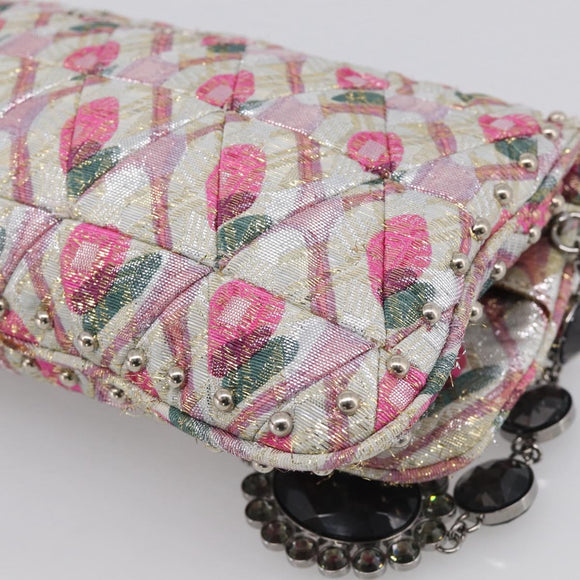 Miu Miu Crystal Chain Shoulder Bag Jacquard Pink Silver Auth hk4247A