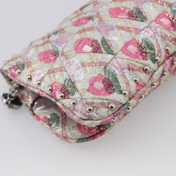 Miu Miu Crystal Chain Shoulder Bag Jacquard Pink Silver Auth hk4247A