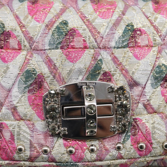 Miu Miu Crystal Chain Shoulder Bag Jacquard Pink Silver Auth hk4247A