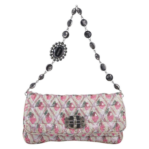 Miu Miu Crystal Chain Shoulder Bag Jacquard Pink Silver Auth hk4247A