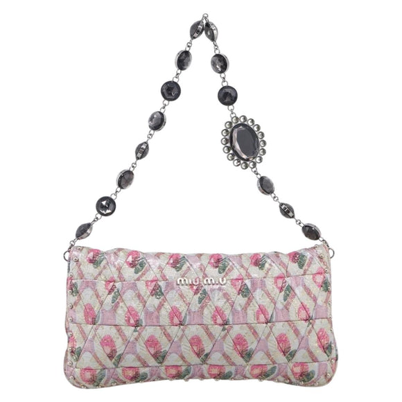 Miu Miu Crystal Chain Shoulder Bag Jacquard Pink Silver Auth hk4247A