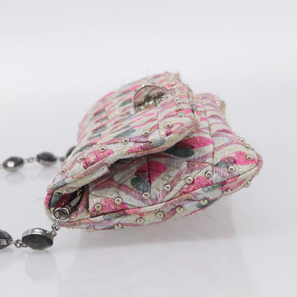 Miu Miu Crystal Chain Shoulder Bag Jacquard Pink Silver Auth hk4247A