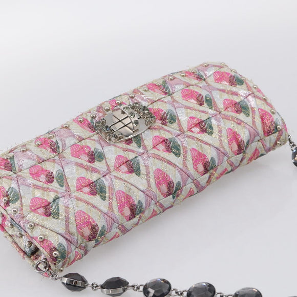 Miu Miu Crystal Chain Shoulder Bag Jacquard Pink Silver Auth hk4247A