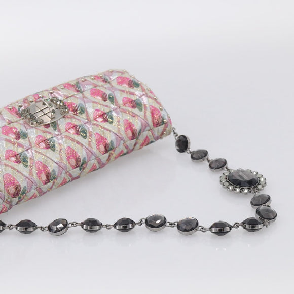Miu Miu Crystal Chain Shoulder Bag Jacquard Pink Silver Auth hk4247A