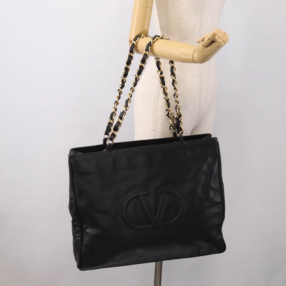 Valentino Chain Tote Bag Leather 2way Black Gold Auth hk4248A