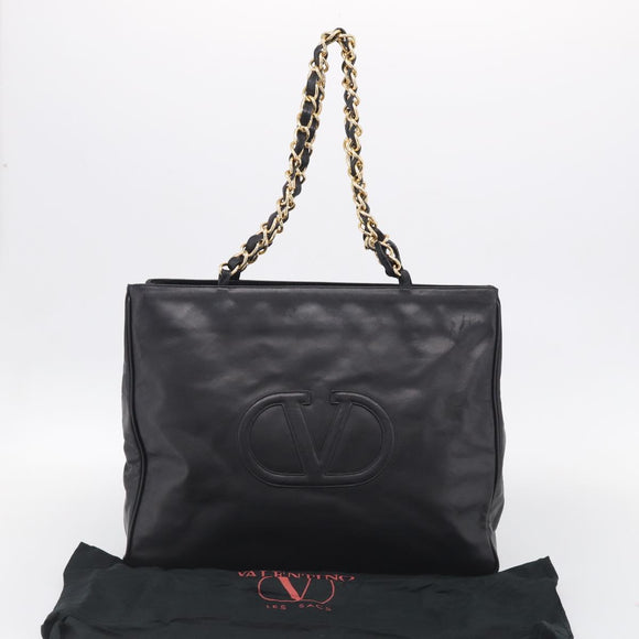 Valentino Chain Tote Bag Leather 2way Black Gold Auth hk4248A