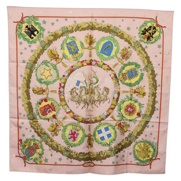 HERMES Carre 90 Scarf "Emblemes de Leurope" Silk Pink Auth hk4291