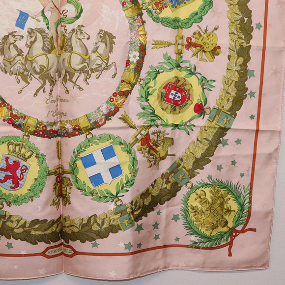 HERMES Carre 90 Scarf "Emblemes de Leurope" Silk Pink Auth hk4291